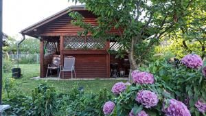 eine kleine Holzhütte in einem Garten mit rosa Blumen in der Unterkunft Family apartments "Hamster" up to 7 persons in Zgornja Polskava