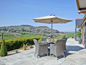 a patio with a table and chairs and an umbrella at Woodland View Lodge in Hawley Bottom
