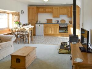 cocina y sala de estar con estufa de leña en Shedend en Kingston
