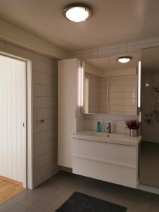 uma casa de banho com um lavatório e um espelho em The House of Aurora II em Tromsø