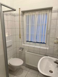 a bathroom with a toilet and a sink and a window at Hotel Landhaus Köln in Lindlar