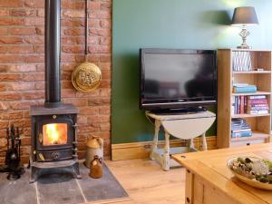 a living room with a wood stove and a tv at Reed Lodge in Littleport