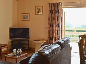 a living room with a leather couch and a television at Oakview in Llandrindod Wells