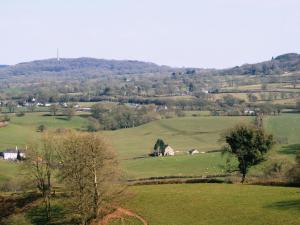 ein grünes Feld mit Bäumen und Häusern auf einem Hügel in der Unterkunft Werescote View in Burlescombe