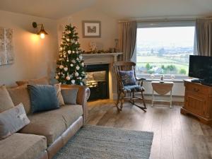 a living room with a christmas tree and a couch at Ferncliffe Cottage in Snitter