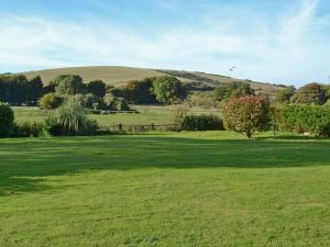 a field of grass with a hill in the background at Little Timbers in Woodmancote