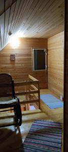 Habitación con TV y silla en una cabaña de madera. en Pace in Kuvaszó-Casă la cheie en Filia