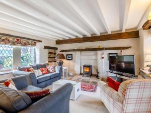 a living room with couches and a tv and a fireplace at Mill Cottage in Bampton