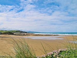 a sandy beach with pink flowers in the foreground at Swallows Retreat in Hartland