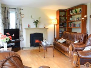 a living room with a leather couch and a fireplace at Tegfan in Llangenny