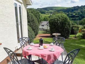 a table with a pink table cloth on a patio at Tegfan in Llangenny
