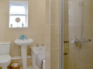 een badkamer met een douche, een wastafel en een toilet bij Ryandale in Longhirst