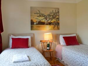a bedroom with two beds with red pillows and a lamp at Riverview Cottage in Acharacle