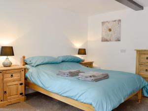 a bedroom with a bed with blue sheets and two lamps at Pendref in Trawsfynydd