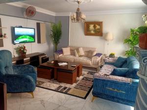 a living room with a couch and a tv at فاكانزا شقة فندقية مفروشة- vacanze in Fayoum