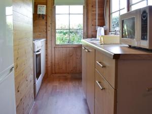 a kitchen with a microwave and a counter with a sink at The Cabin in Wendling