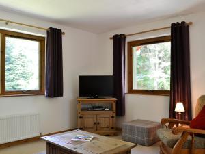 a living room with a tv and two windows at Squirrel Cottage in Kilmuir