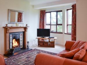 a living room with a couch and a fireplace at Bramble Cottage in Meigle