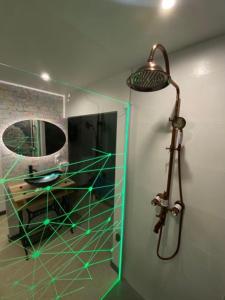 a bathroom with a shower and a mirror with green lights at Butterfly By Carl-Emilie in Épinal
