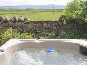 a bath tub with a blue ball in it at Borrowdale Cottage in Brough