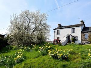 a white house in a field of flowers at Rock Cottage in Crosthwaite