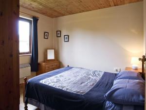 a bedroom with a blue bed and a window at Ithon Bank - Hw7478 in Penybont