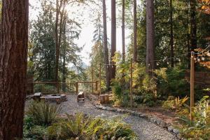einen Garten mit einer Bank und einem Tisch im Wald in der Unterkunft Epic view A-frame - Hot-tub, Firepit, & Fireplace in Granite Falls