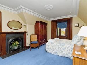 a bedroom with a bed and a fireplace and a mirror at Dess Lodge in Kincardine OʼNeil