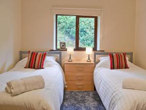 two twin beds in a room with a window at Red Kite Cottage in Llangunllo