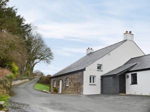 a white house with a black garage next to a road at Dolgoed House in Llangadog