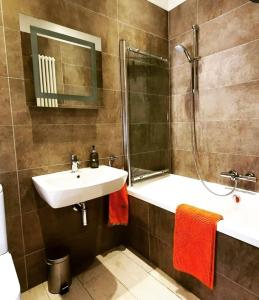a bathroom with a sink and a shower at The Little Barn @ Bath With LARGE Hot Tub in Bath