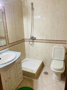 ein Bad mit einer Dusche, einem WC und einem Waschbecken in der Unterkunft SwordFish Beach Apartment in Peniche