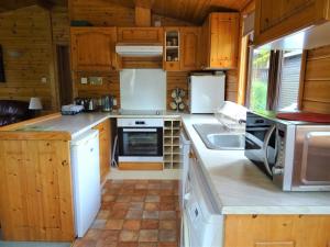 ケズウィックにあるBewick Lodgeのキッチン(白い家電製品、木製キャビネット付)