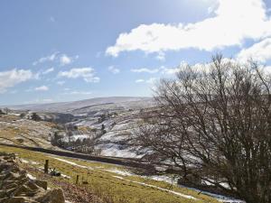 a view of a snow covered valley with trees and clouds at Nellys Cottage in Lanehead