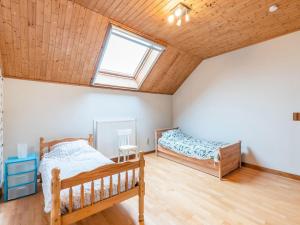 um quarto com 2 camas e uma janela em Cozy holiday home in Flemish Brabant with swimming pool em Zoutleeuw