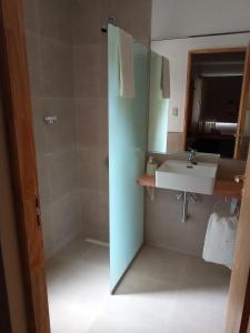 a bathroom with a sink and a shower at Cabaña Los Abetos 1 in El Bolsón