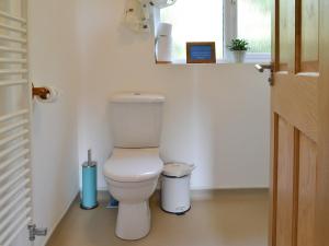 a bathroom with a toilet and two trash cans at Poplar Bungalow in Lyng