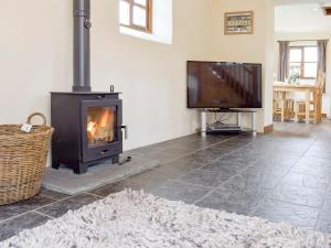a living room with a fireplace and a flat screen tv at Bryncrwn Cottage in Rhyd-y-felin