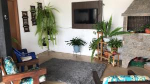 een woonkamer met potplanten en een tv bij Quitinete com piscina em Balneário Pinhal in Pinhal