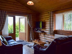 a living room with two couches and a television in a cabin at Fingask Log Cabin - S4394 in Glenfarg