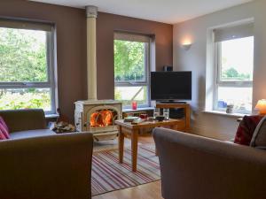a living room with a fireplace and a tv at Tre Anna Lodge in Dwyran