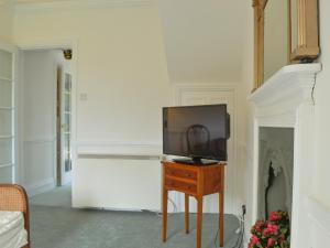 a living room with a tv on a table with a fireplace at Acorn Cottage in Todenham