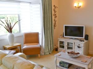 a living room with a couch and a tv at Otters in Wroxham