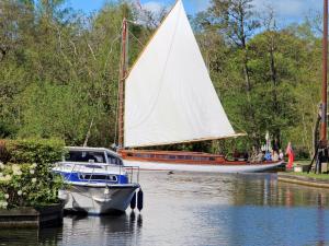 a boat and a sailboat on a river with a boat at Caracol - Cccf in Wroxham