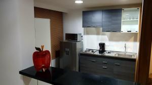 een keuken met een rode vaas op een aanrecht bij Apartamento Parque Virrey in Bogota