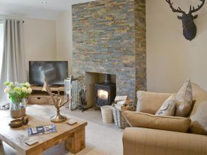 a living room with a couch and a fireplace at Willow Tree Cottage in Foxholes