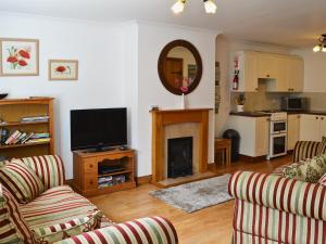 a living room with a television and a fireplace at Fawnlea Cottage in Staindrop
