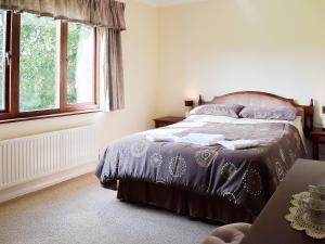 um quarto com uma cama e uma janela em Erwlon em Rhyd Owen