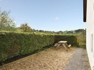 a wooden bench sitting in front of a hedge at Erwlon in Rhyd Owen