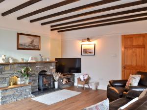 a living room with a fireplace and a tv at Dyffryn Haidd in Llanafan